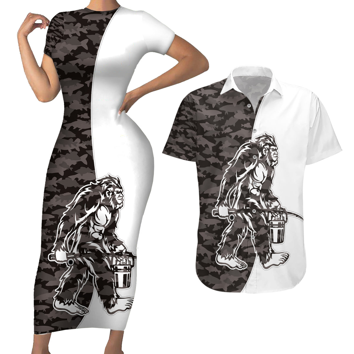 Funny Bigfoot Gray Military Texture Fish Couples Matching Short Sleeve Bodycon Dress and Hawaiian Shirt - Wonder Print Shop