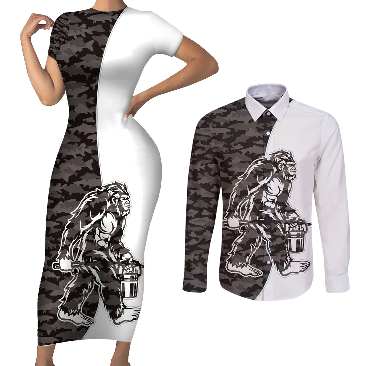 Funny Bigfoot Gray Military Texture Fish Couples Matching Short Sleeve Bodycon Dress and Long Sleeve Button Shirt - Wonder Print Shop