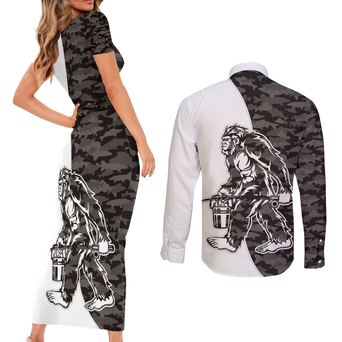 Funny Bigfoot Gray Military Texture Fish Couples Matching Short Sleeve Bodycon Dress and Long Sleeve Button Shirt - Wonder Print Shop