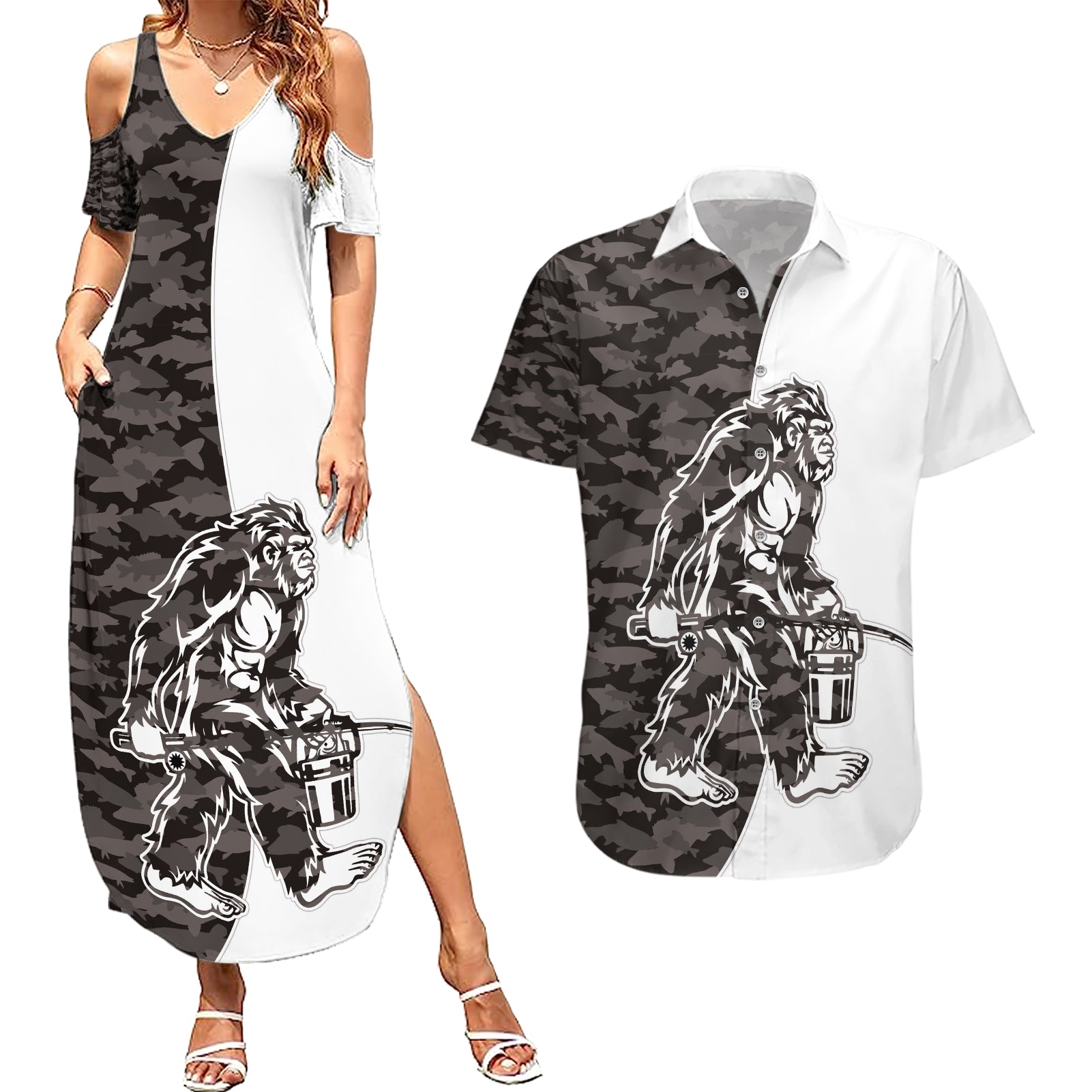 Funny Bigfoot Gray Military Texture Fish Couples Matching Summer Maxi Dress and Hawaiian Shirt - Wonder Print Shop