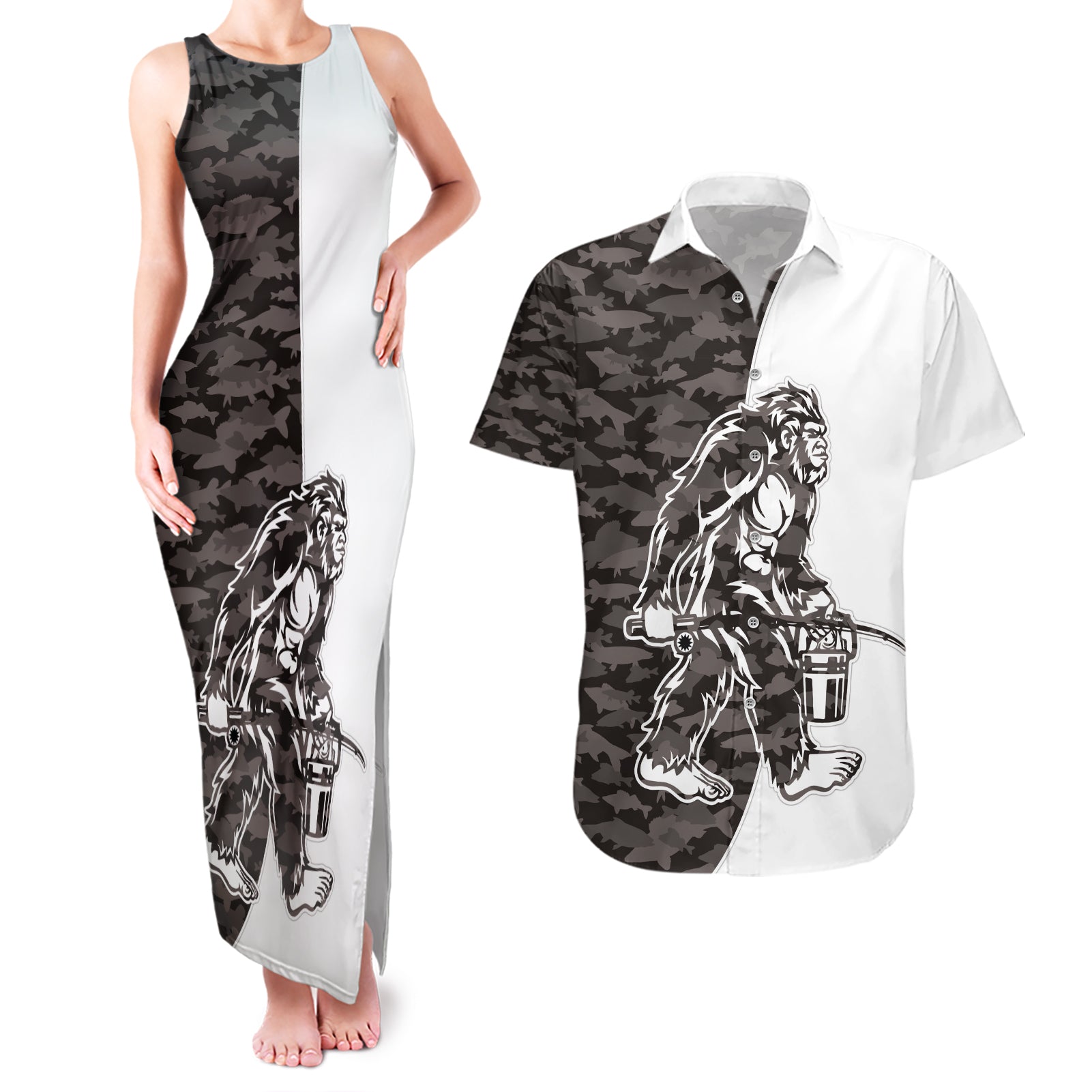 Funny Bigfoot Gray Military Texture Fish Couples Matching Tank Maxi Dress and Hawaiian Shirt - Wonder Print Shop