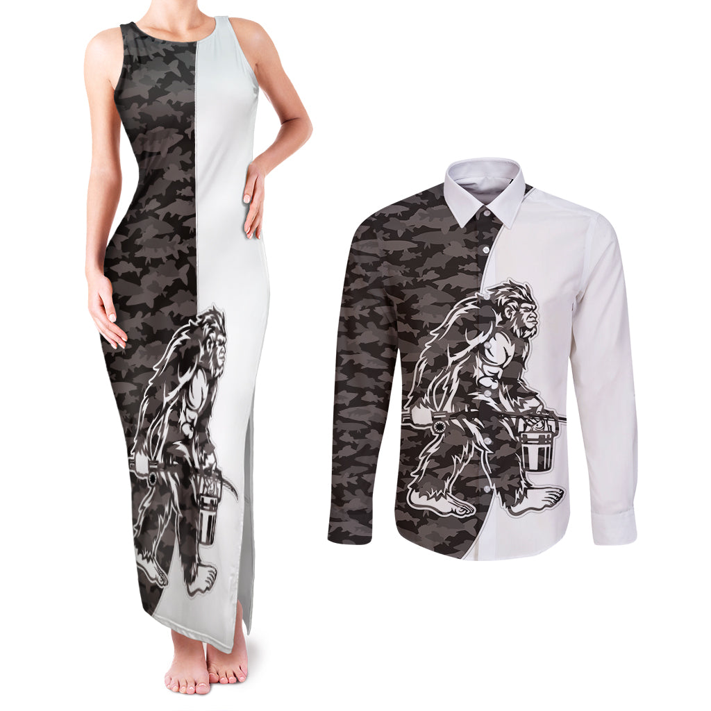 Funny Bigfoot Gray Military Texture Fish Couples Matching Tank Maxi Dress and Long Sleeve Button Shirt - Wonder Print Shop