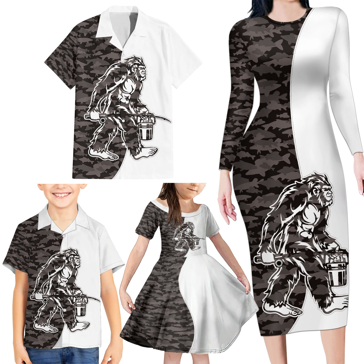 Funny Bigfoot Gray Military Texture Fish Family Matching Long Sleeve Bodycon Dress and Hawaiian Shirt - Wonder Print Shop