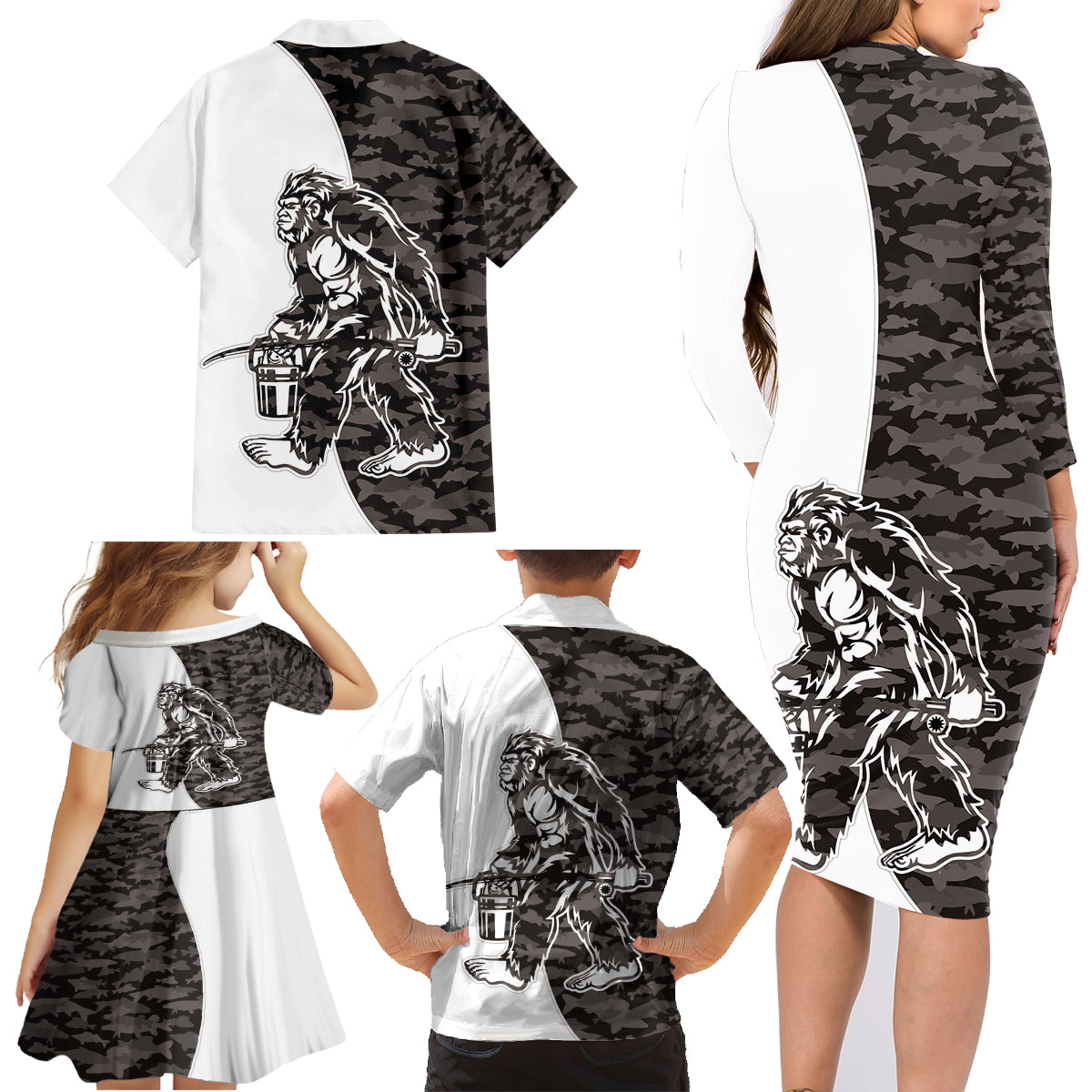 Funny Bigfoot Gray Military Texture Fish Family Matching Long Sleeve Bodycon Dress and Hawaiian Shirt - Wonder Print Shop