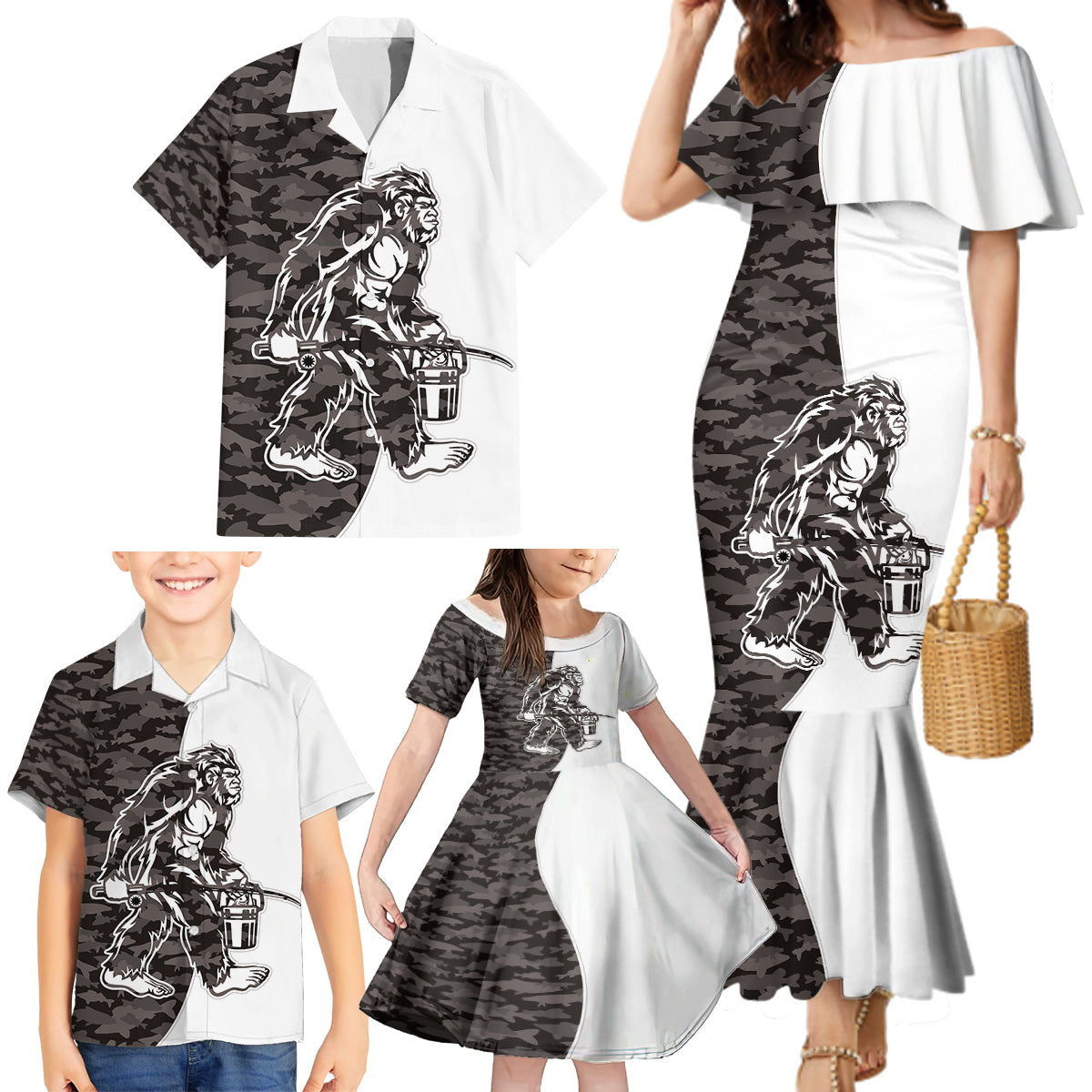 Funny Bigfoot Gray Military Texture Fish Family Matching Mermaid Dress and Hawaiian Shirt - Wonder Print Shop
