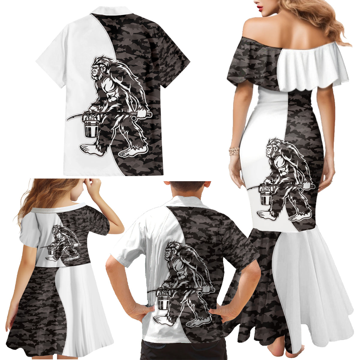 Funny Bigfoot Gray Military Texture Fish Family Matching Mermaid Dress and Hawaiian Shirt - Wonder Print Shop