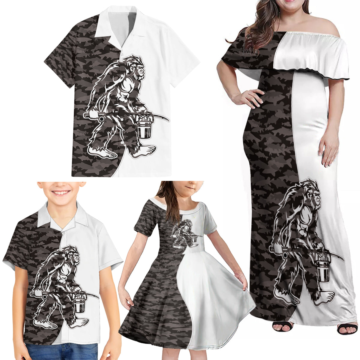 Funny Bigfoot Gray Military Texture Fish Family Matching Off Shoulder Maxi Dress and Hawaiian Shirt - Wonder Print Shop