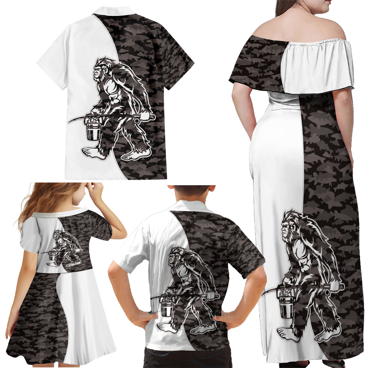 Funny Bigfoot Gray Military Texture Fish Family Matching Off Shoulder Maxi Dress and Hawaiian Shirt - Wonder Print Shop