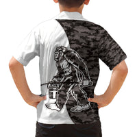 Funny Bigfoot Gray Military Texture Fish Family Matching Off Shoulder Short Dress and Hawaiian Shirt - Wonder Print Shop
