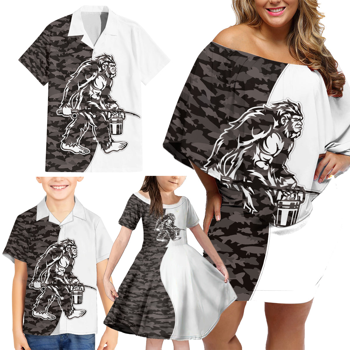 Funny Bigfoot Gray Military Texture Fish Family Matching Off Shoulder Short Dress and Hawaiian Shirt - Wonder Print Shop