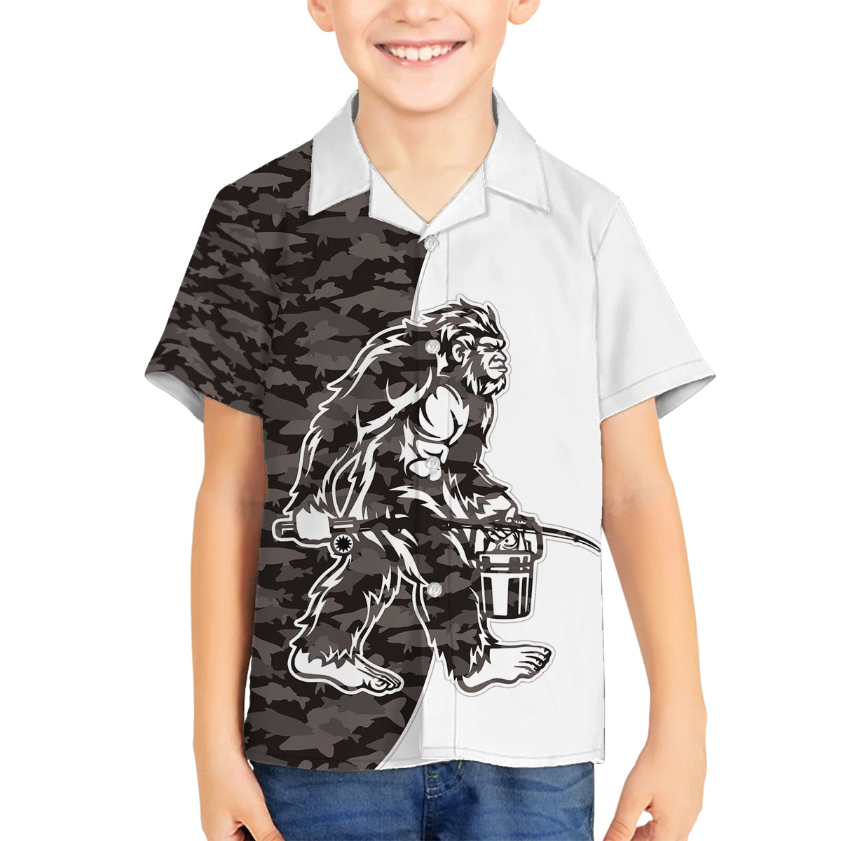 Funny Bigfoot Gray Military Texture Fish Family Matching Off Shoulder Short Dress and Hawaiian Shirt - Wonder Print Shop