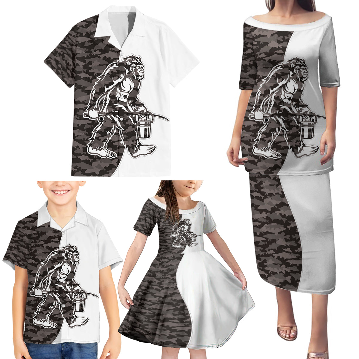 Funny Bigfoot Gray Military Texture Fish Family Matching Puletasi and Hawaiian Shirt - Wonder Print Shop