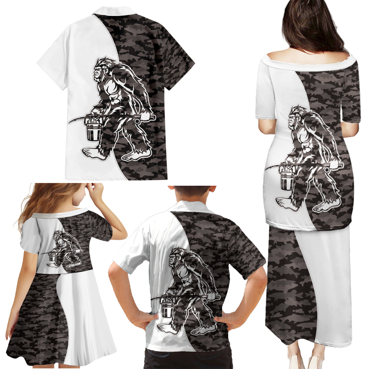 Funny Bigfoot Gray Military Texture Fish Family Matching Puletasi and Hawaiian Shirt - Wonder Print Shop