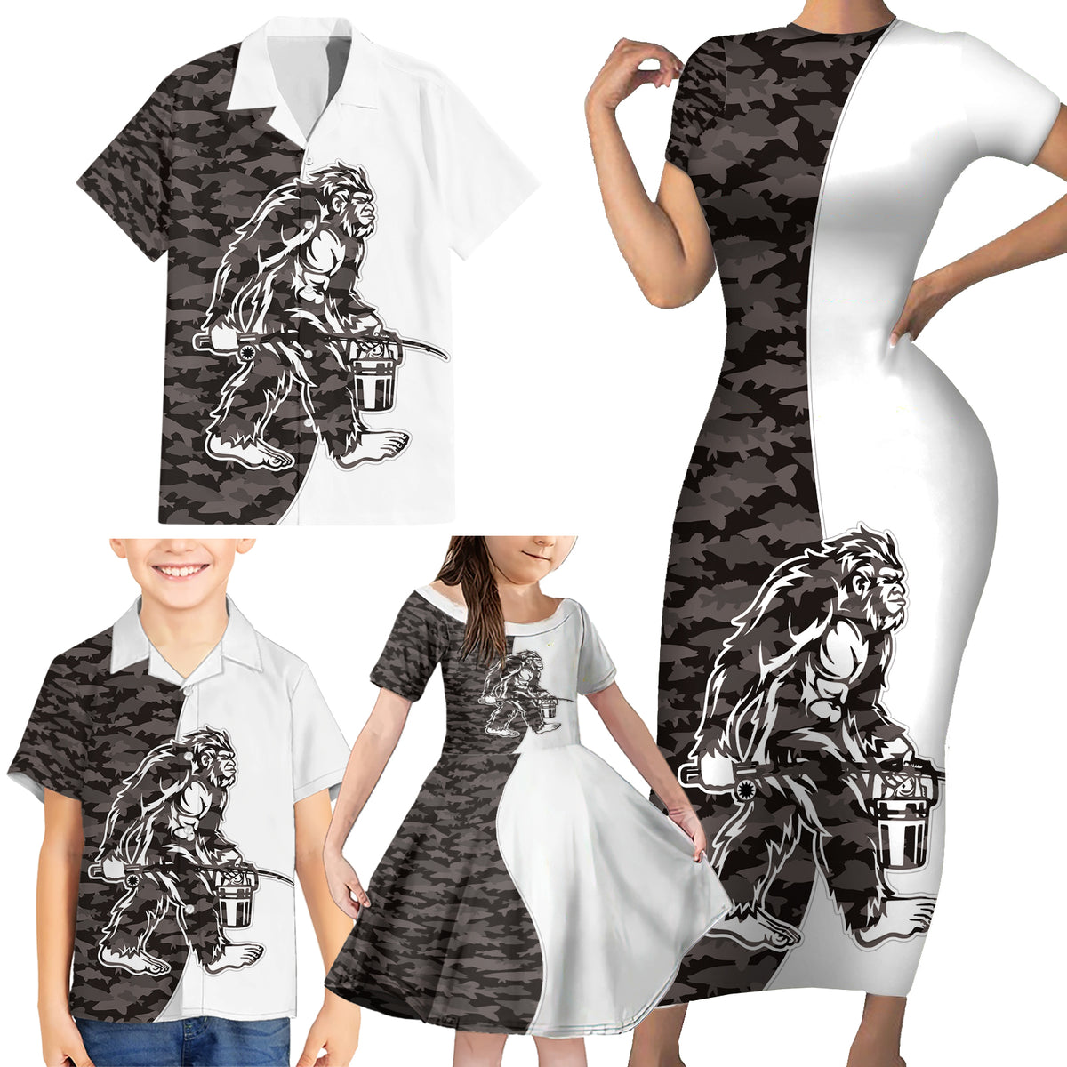 Funny Bigfoot Gray Military Texture Fish Family Matching Short Sleeve Bodycon Dress and Hawaiian Shirt - Wonder Print Shop