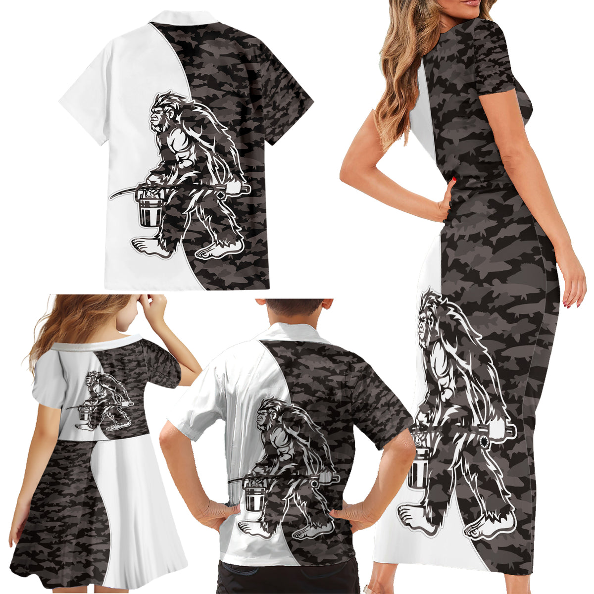 Funny Bigfoot Gray Military Texture Fish Family Matching Short Sleeve Bodycon Dress and Hawaiian Shirt - Wonder Print Shop
