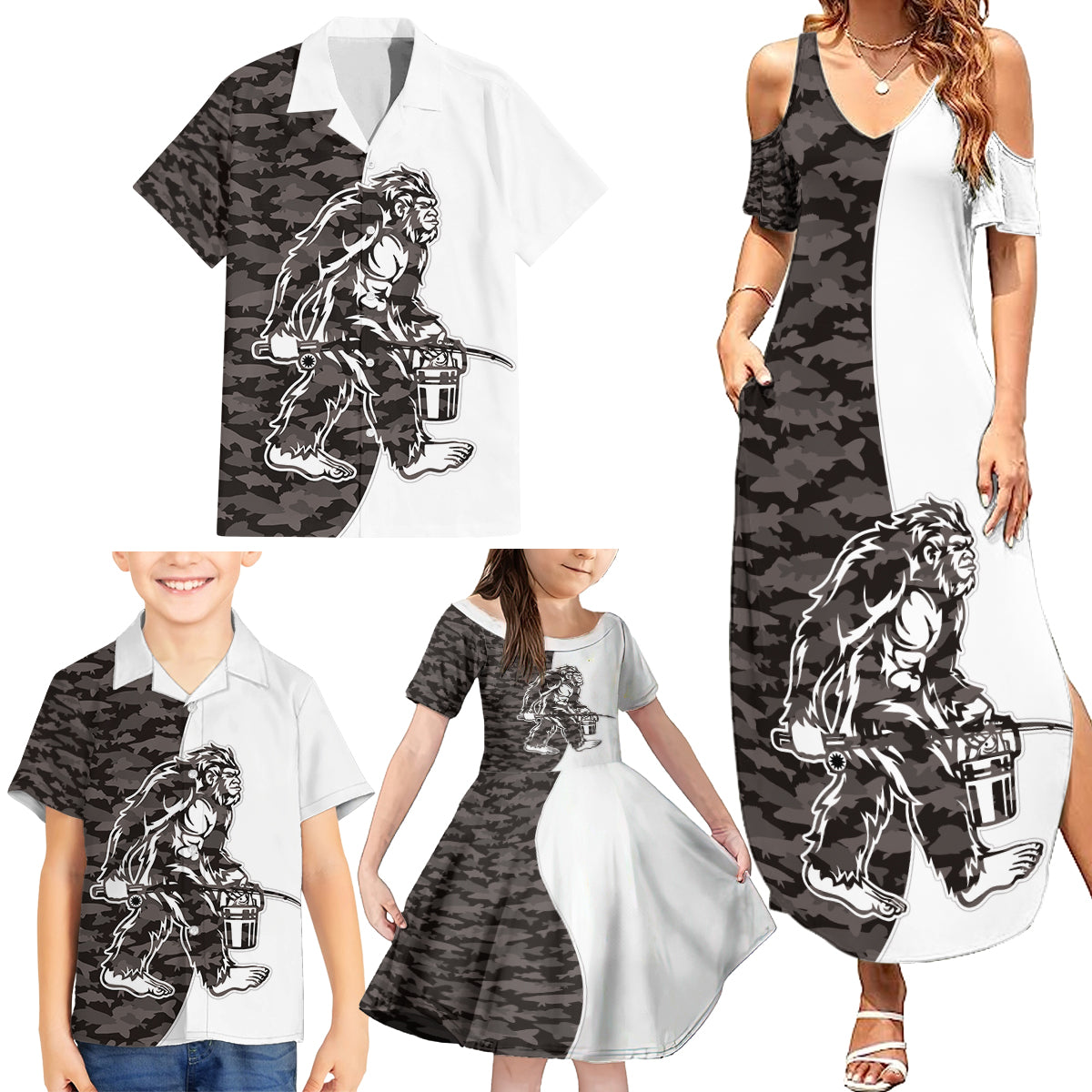 Funny Bigfoot Gray Military Texture Fish Family Matching Summer Maxi Dress and Hawaiian Shirt - Wonder Print Shop