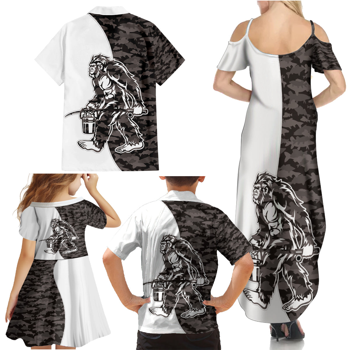 Funny Bigfoot Gray Military Texture Fish Family Matching Summer Maxi Dress and Hawaiian Shirt - Wonder Print Shop