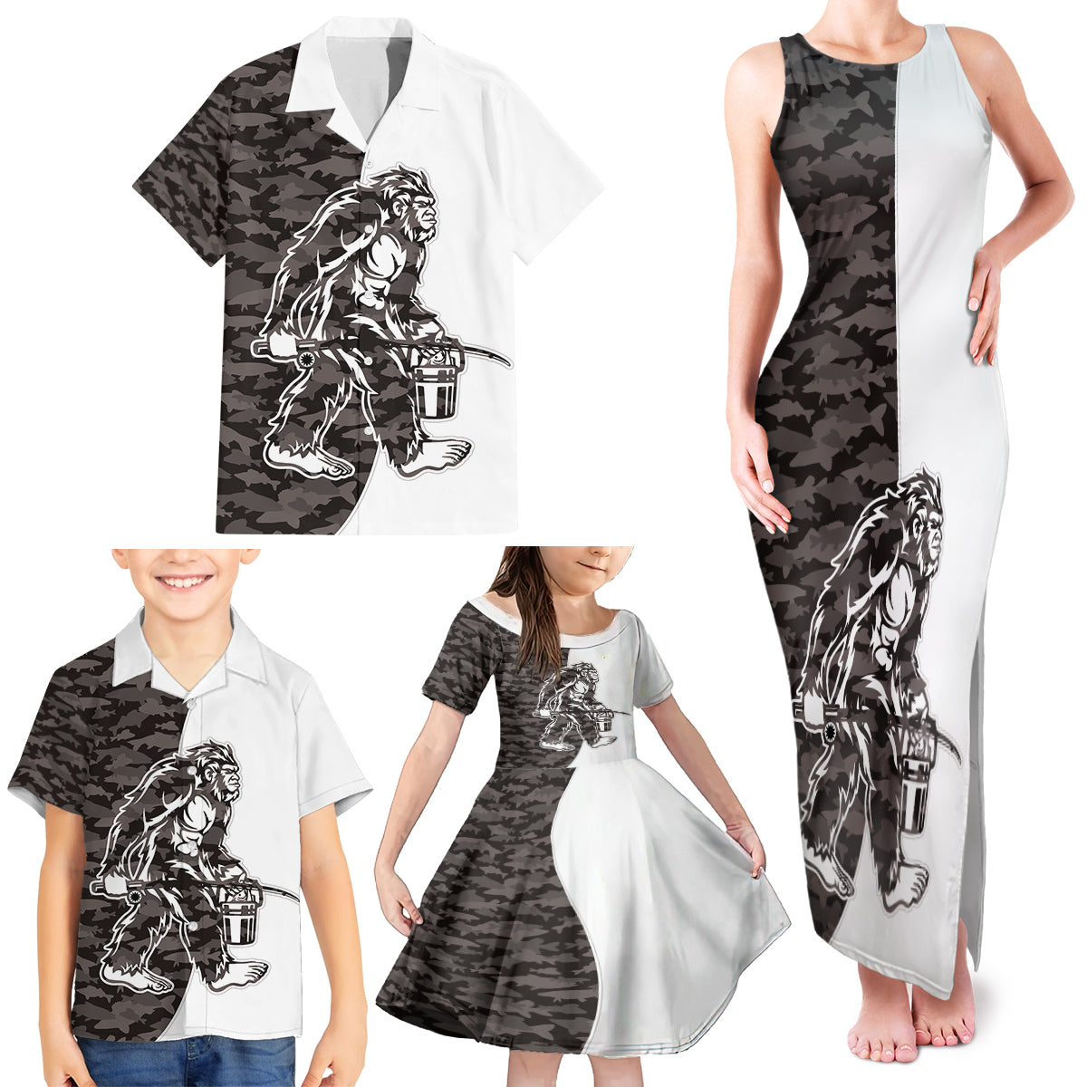Funny Bigfoot Gray Military Texture Fish Family Matching Tank Maxi Dress and Hawaiian Shirt - Wonder Print Shop