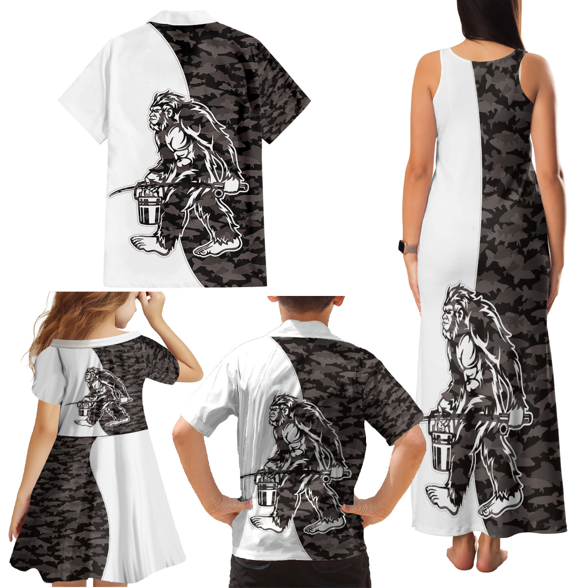 Funny Bigfoot Gray Military Texture Fish Family Matching Tank Maxi Dress and Hawaiian Shirt - Wonder Print Shop