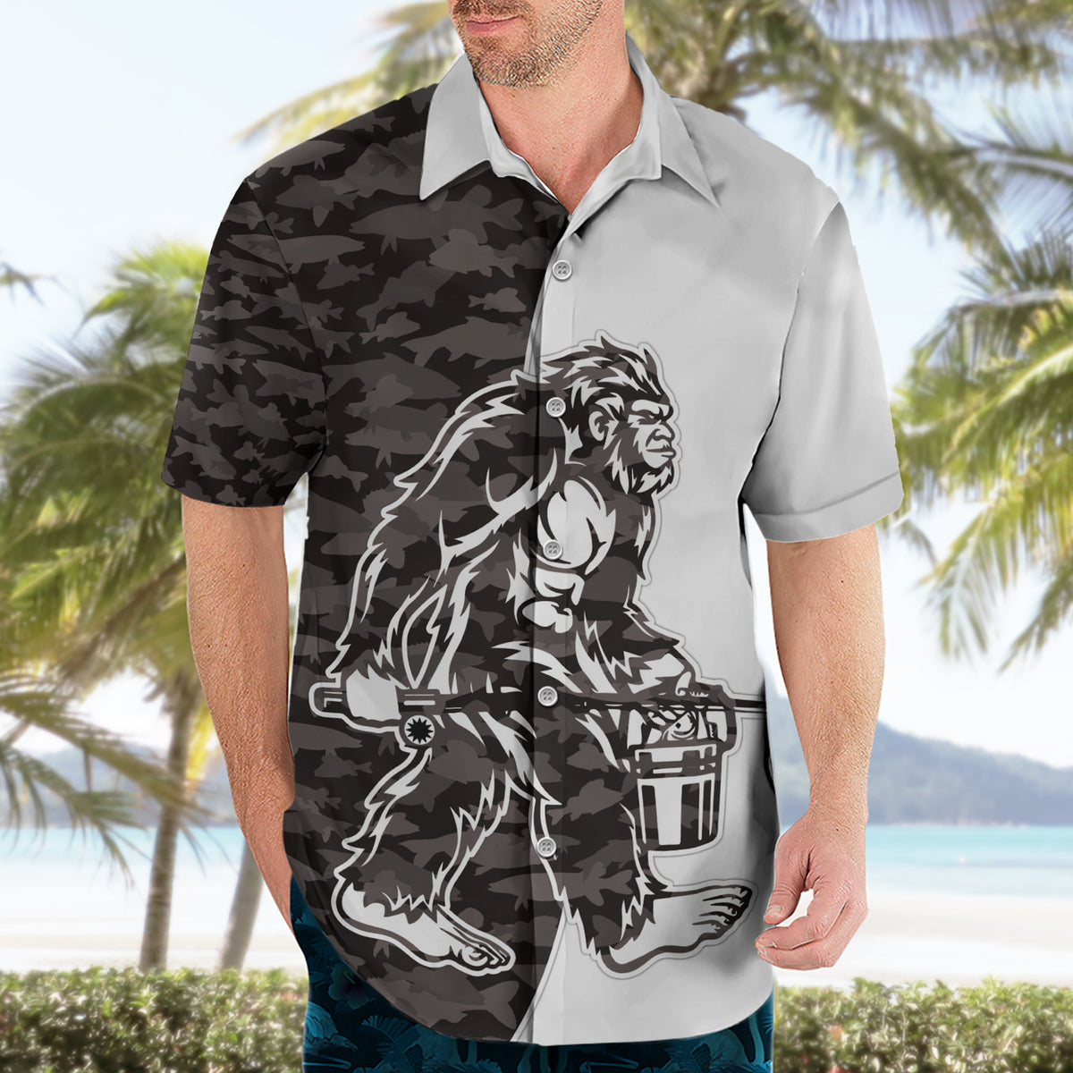Funny Bigfoot Gray Military Texture Fish Hawaiian Shirt - Wonder Print Shop