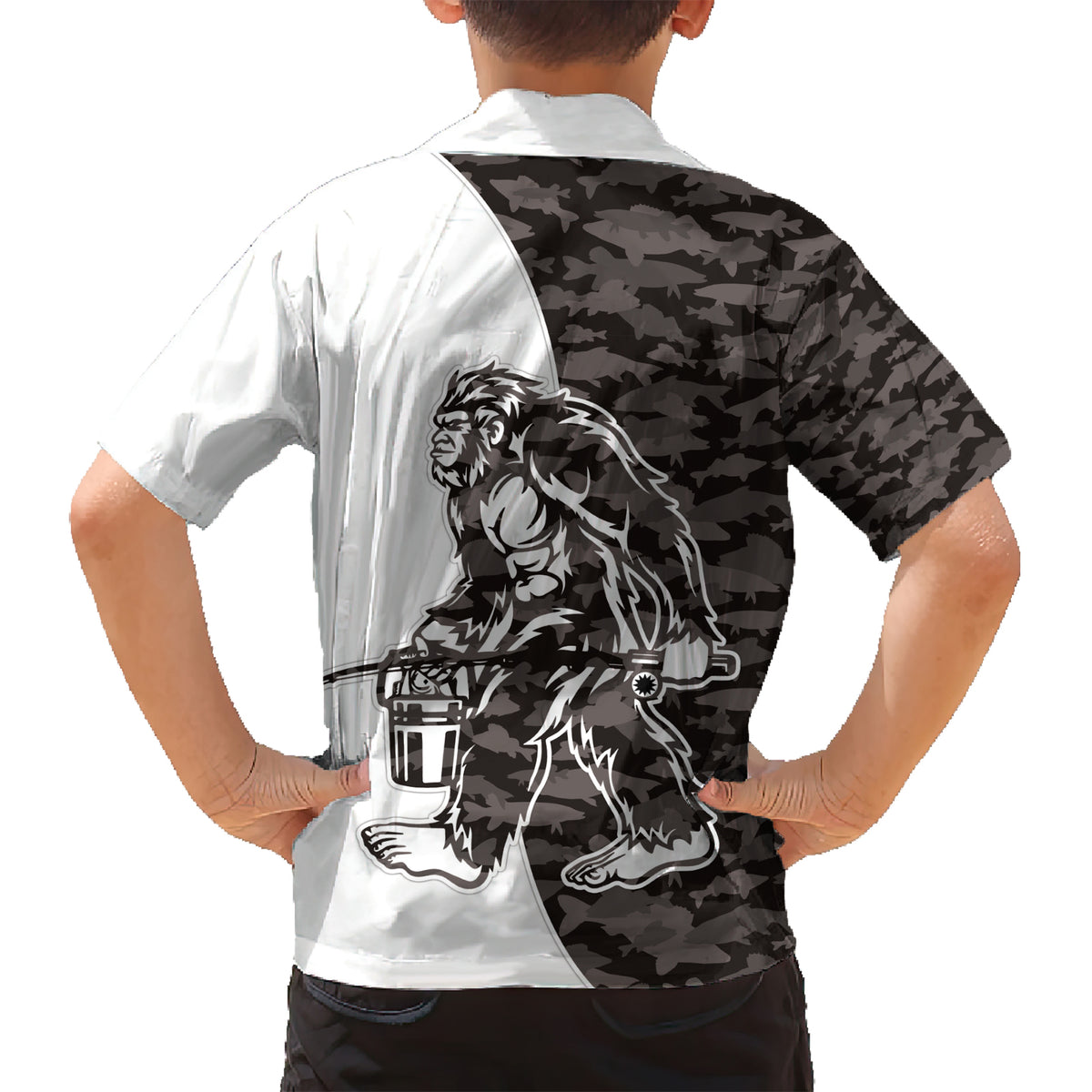 Funny Bigfoot Gray Military Texture Fish Kid Hawaiian Shirt - Wonder Print Shop