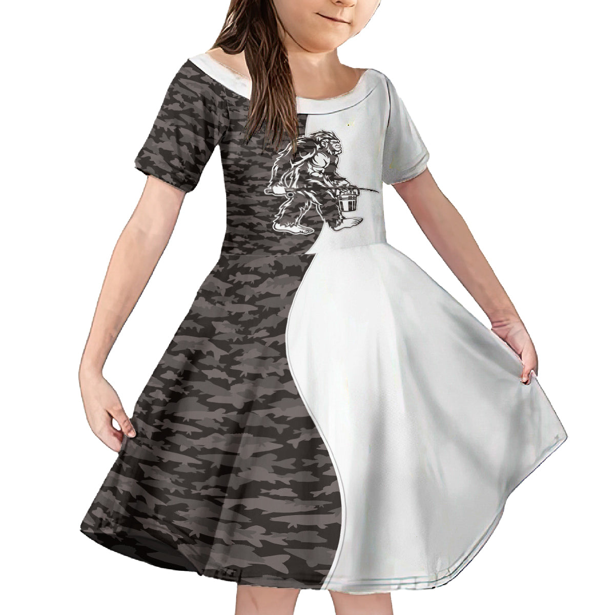 Funny Bigfoot Gray Military Texture Fish Kid Short Sleeve Dress - Wonder Print Shop