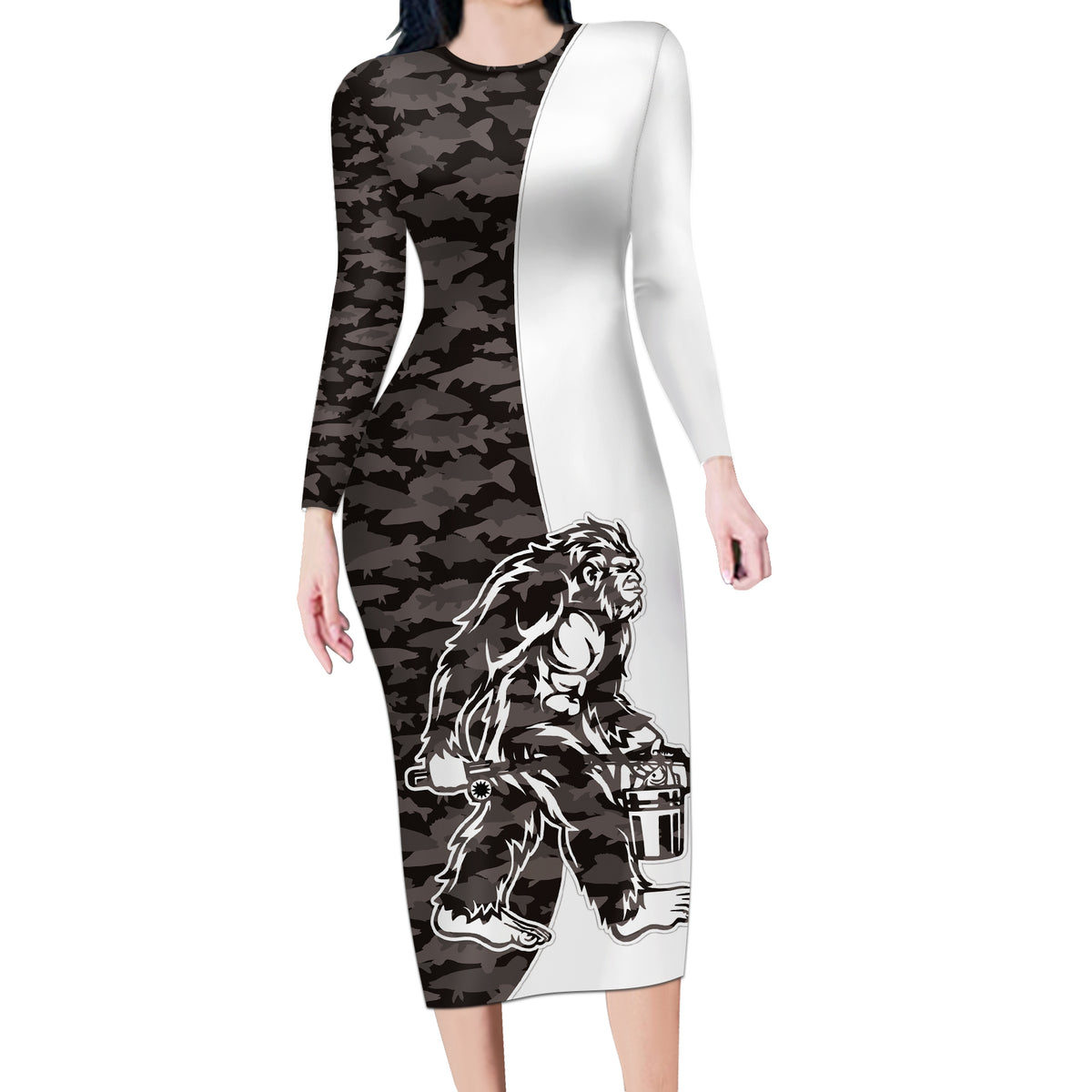 Funny Bigfoot Gray Military Texture Fish Long Sleeve Bodycon Dress - Wonder Print Shop