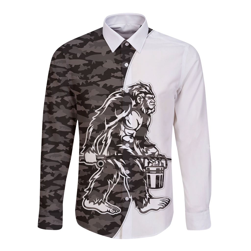 Funny Bigfoot Gray Military Texture Fish Long Sleeve Button Shirt - Wonder Print Shop