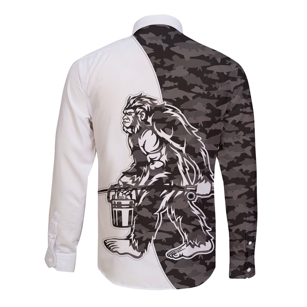 Funny Bigfoot Gray Military Texture Fish Long Sleeve Button Shirt - Wonder Print Shop