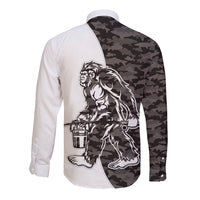 Funny Bigfoot Gray Military Texture Fish Long Sleeve Button Shirt - Wonder Print Shop