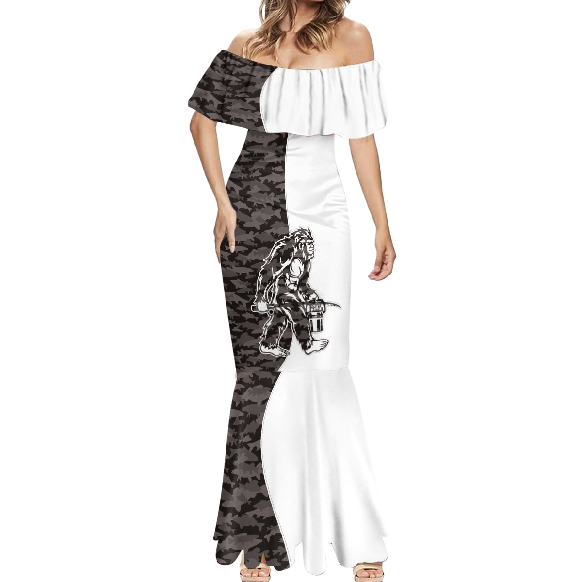 Funny Bigfoot Gray Military Texture Fish Mermaid Dress - Wonder Print Shop