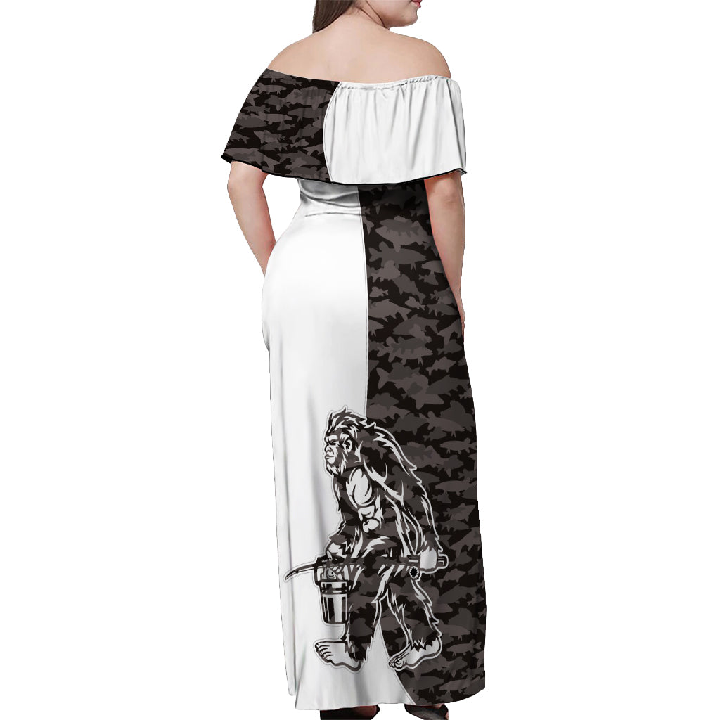 Funny Bigfoot Gray Military Texture Fish Off Shoulder Maxi Dress - Wonder Print Shop