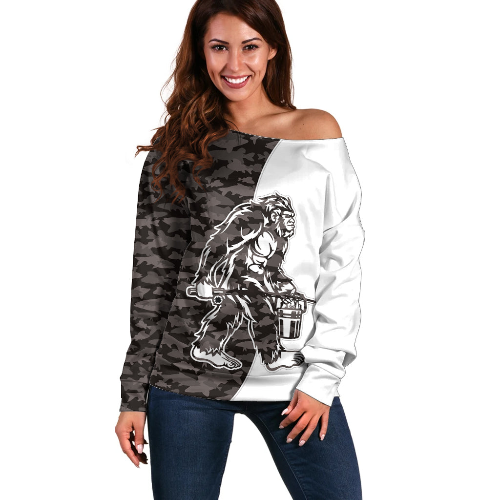 Funny Bigfoot Gray Military Texture Fish Off Shoulder Sweater - Wonder Print Shop