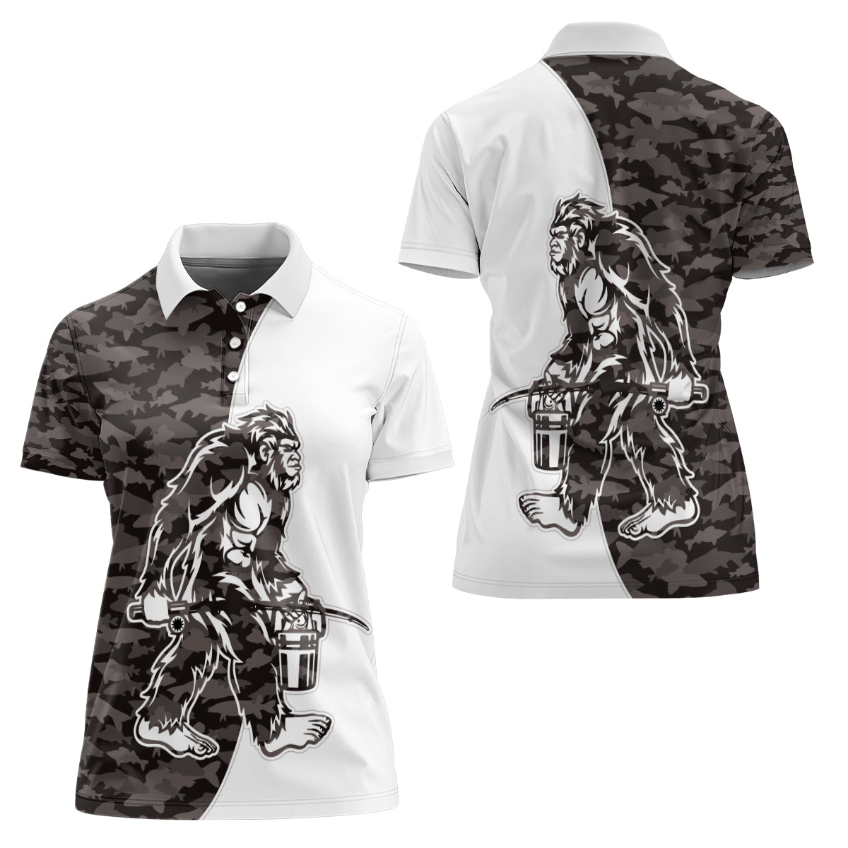 Funny Bigfoot Gray Military Texture Fish Women Polo Shirt - Wonder Print Shop