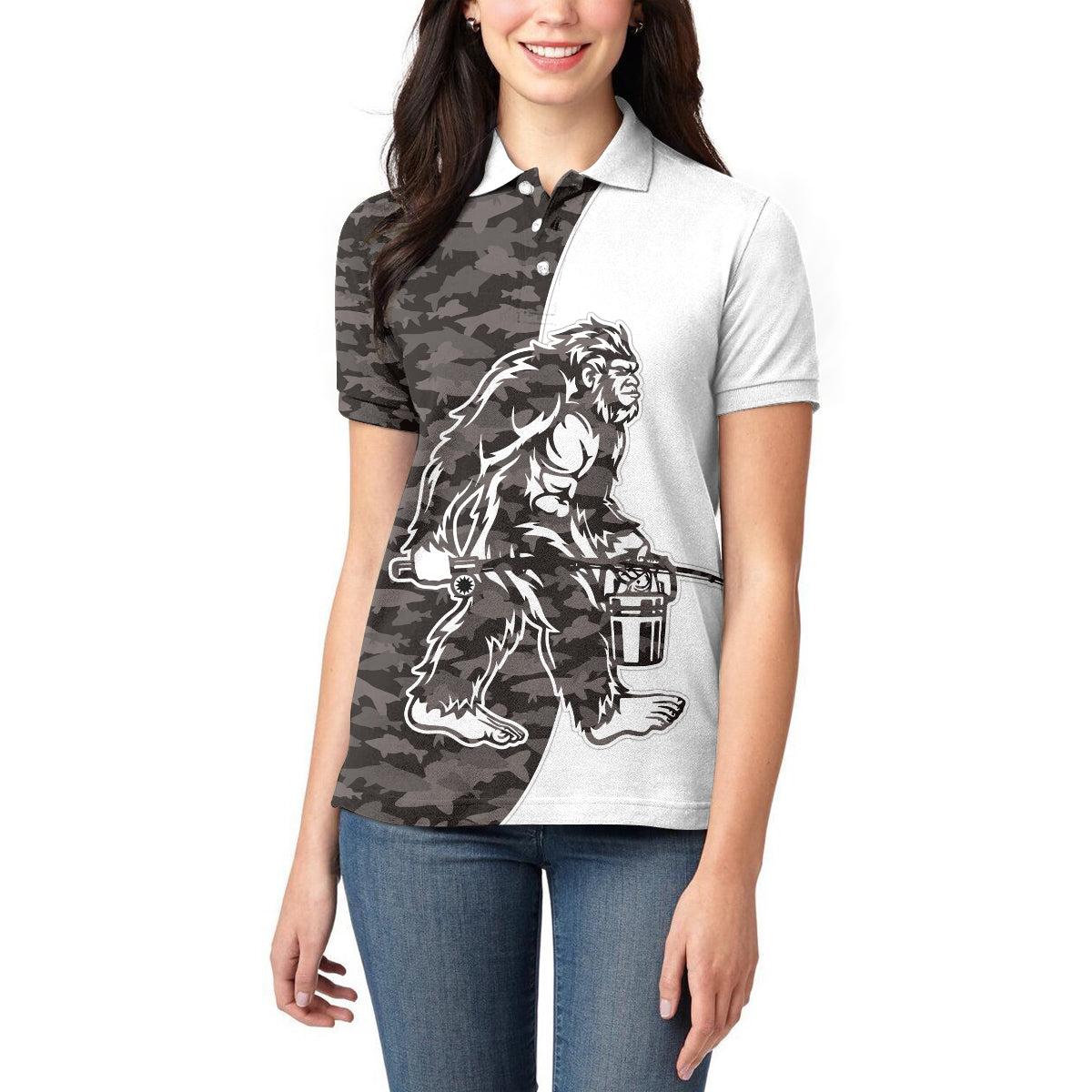 Funny Bigfoot Gray Military Texture Fish Women Polo Shirt - Wonder Print Shop