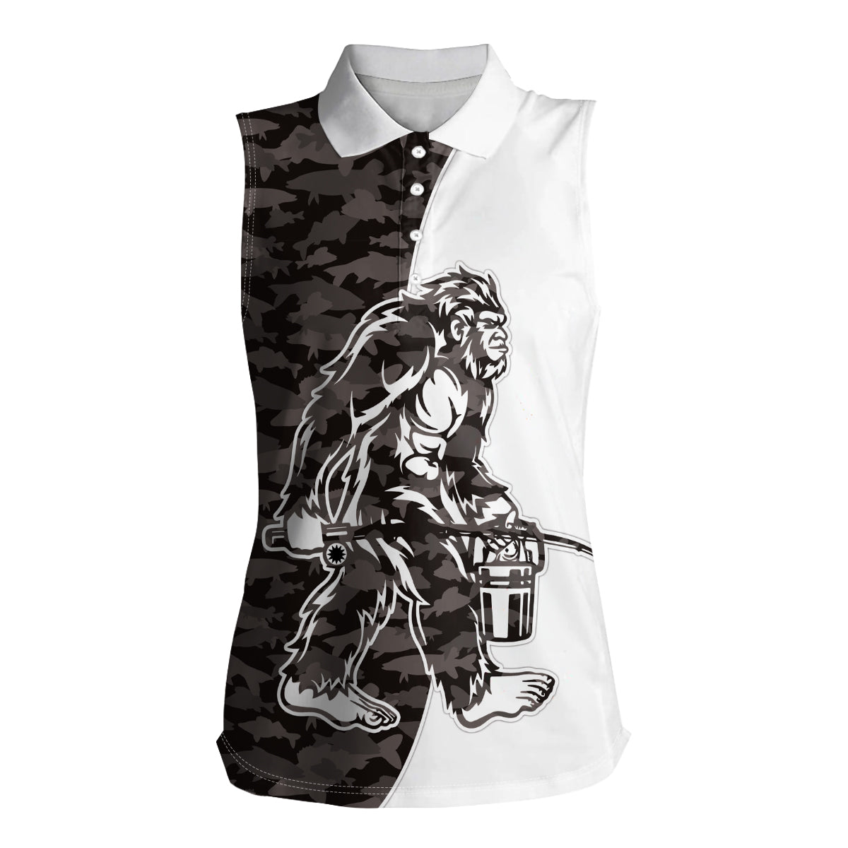 Funny Bigfoot Gray Military Texture Fish Women Sleeveless Polo Shirt - Wonder Print Shop