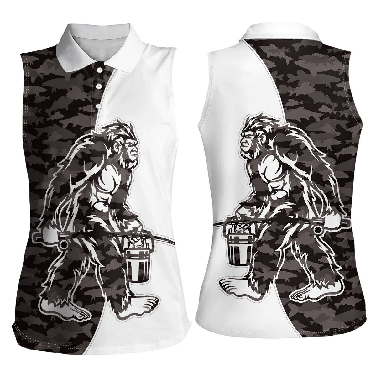 Funny Bigfoot Gray Military Texture Fish Women Sleeveless Polo Shirt - Wonder Print Shop