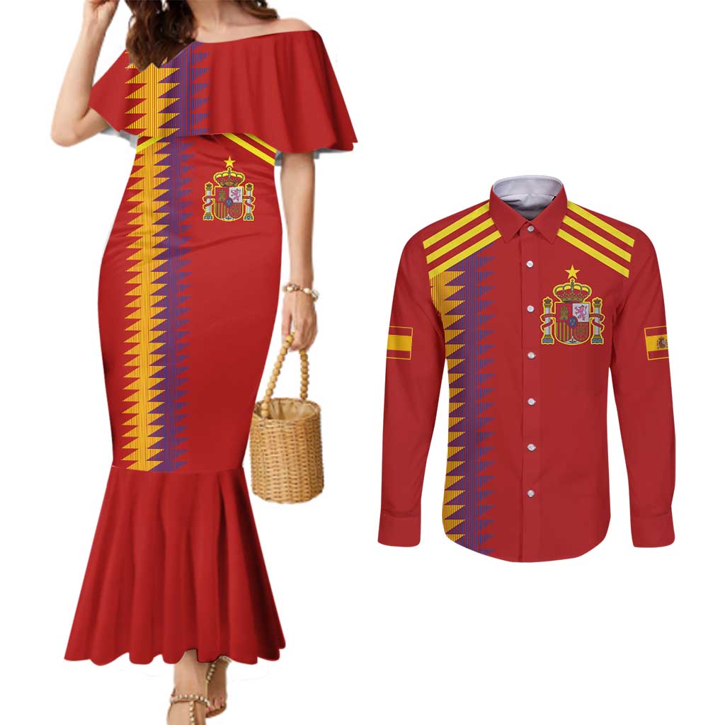 Custom Spain Football 2024 Road To The Champion Couples Matching Mermaid Dress and Long Sleeve Button Shirt Vamos a Espana
