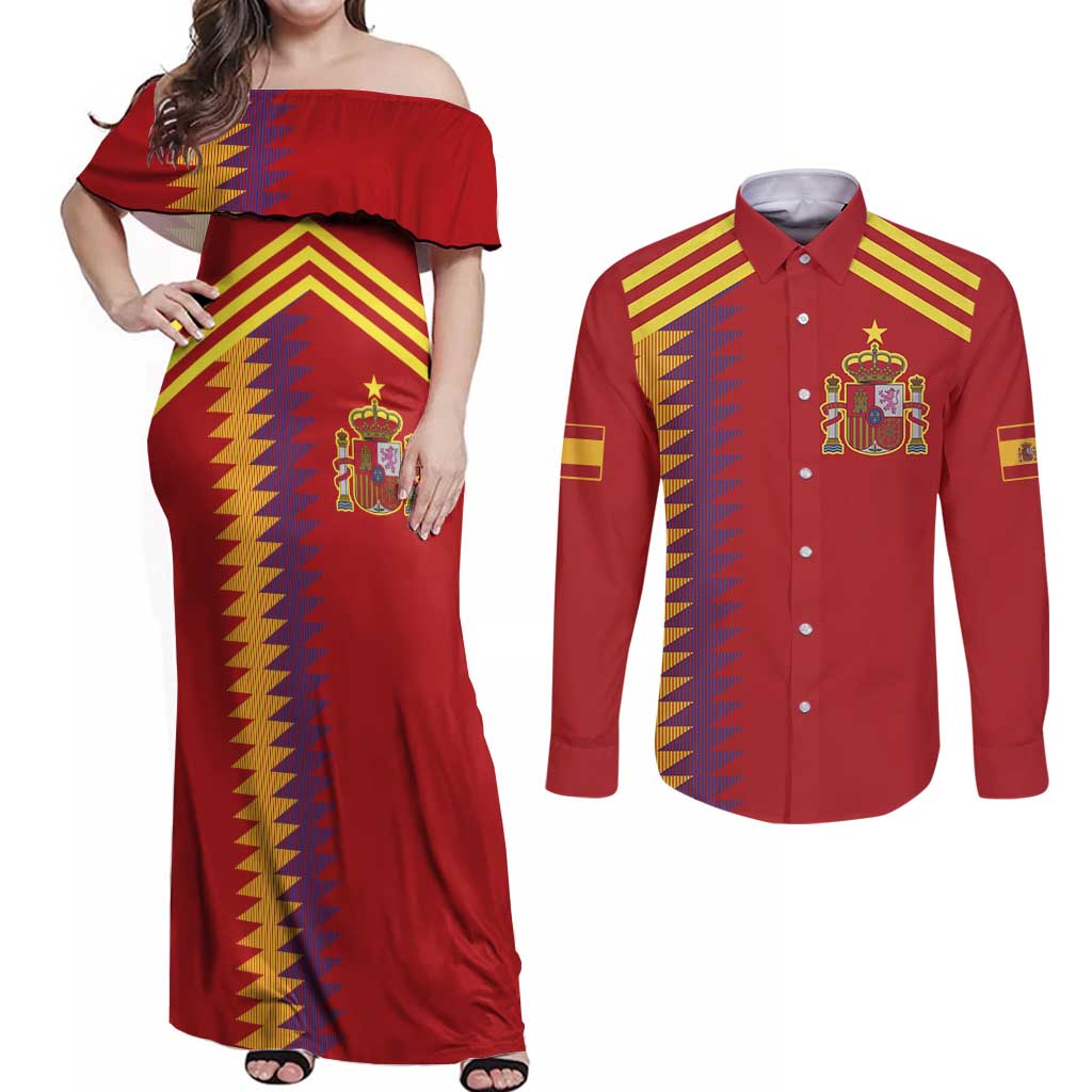 Custom Spain Football 2024 Road To The Champion Couples Matching Off Shoulder Maxi Dress and Long Sleeve Button Shirt Vamos a Espana - Wonder Print Shop