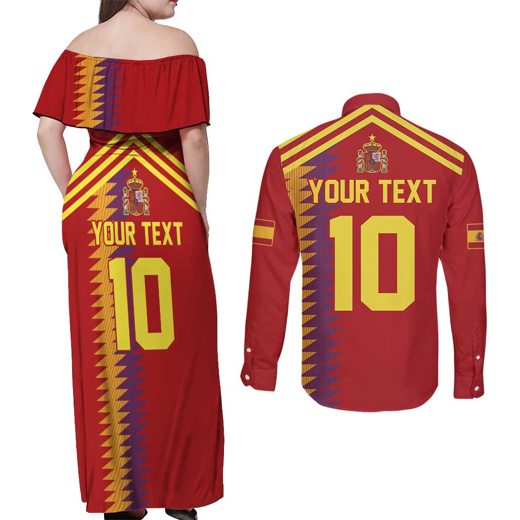 Custom Spain Football 2024 Road To The Champion Couples Matching Off Shoulder Maxi Dress and Long Sleeve Button Shirt Vamos a Espana - Wonder Print Shop