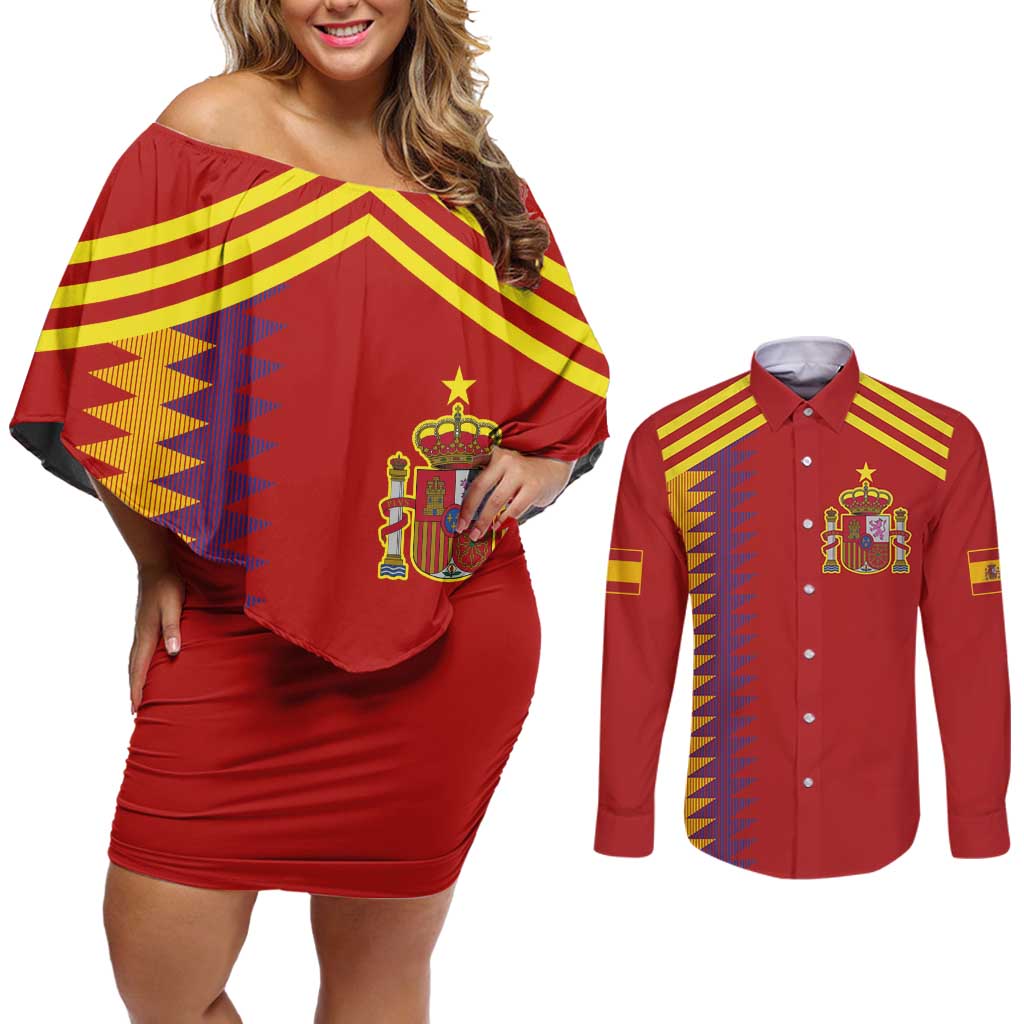 Custom Spain Football 2024 Road To The Champion Couples Matching Off Shoulder Short Dress and Long Sleeve Button Shirt Vamos a Espana - Wonder Print Shop