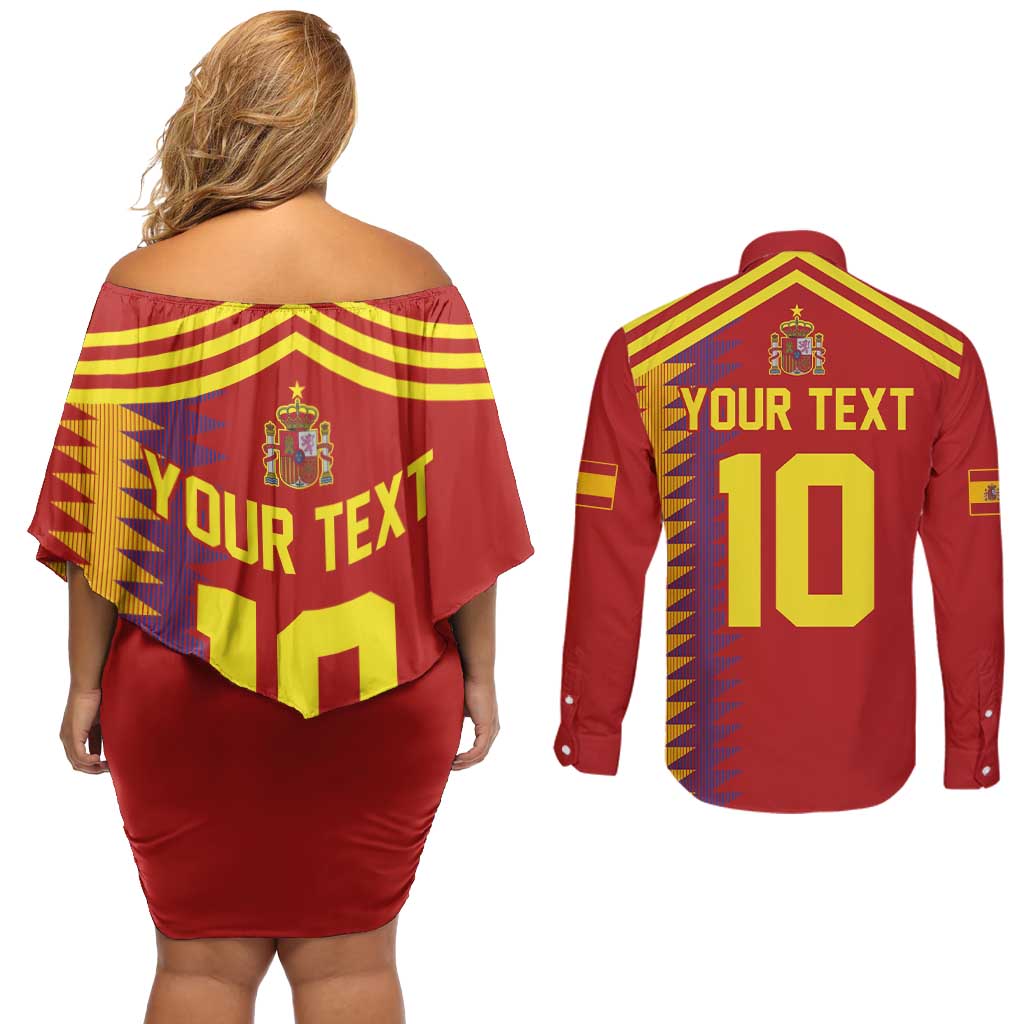 Custom Spain Football 2024 Road To The Champion Couples Matching Off Shoulder Short Dress and Long Sleeve Button Shirt Vamos a Espana - Wonder Print Shop
