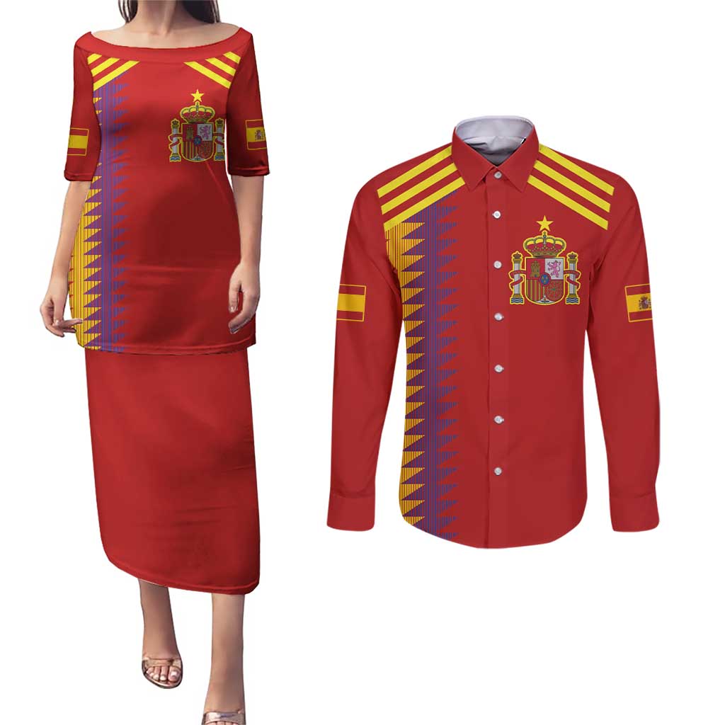 Custom Spain Football 2024 Road To The Champion Couples Matching Puletasi and Long Sleeve Button Shirt Vamos a Espana - Wonder Print Shop