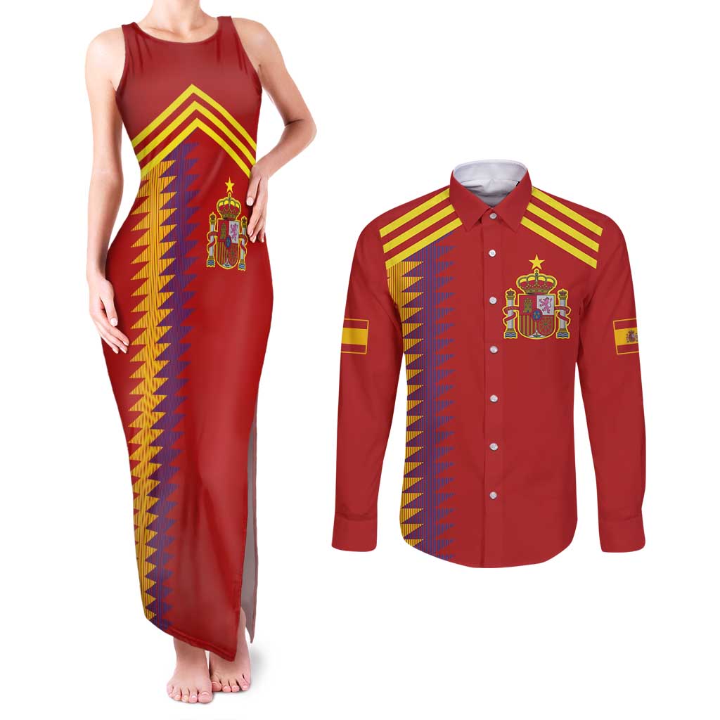 Custom Spain Football 2024 Road To The Champion Couples Matching Tank Maxi Dress and Long Sleeve Button Shirt Vamos a Espana - Wonder Print Shop