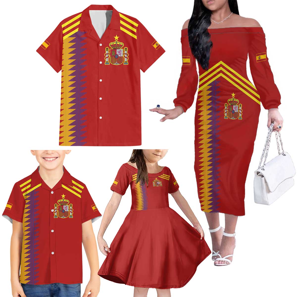 Custom Spain Football 2024 Road To The Champion Family Matching Off The Shoulder Long Sleeve Dress and Hawaiian Shirt Vamos a Espana - Wonder Print Shop