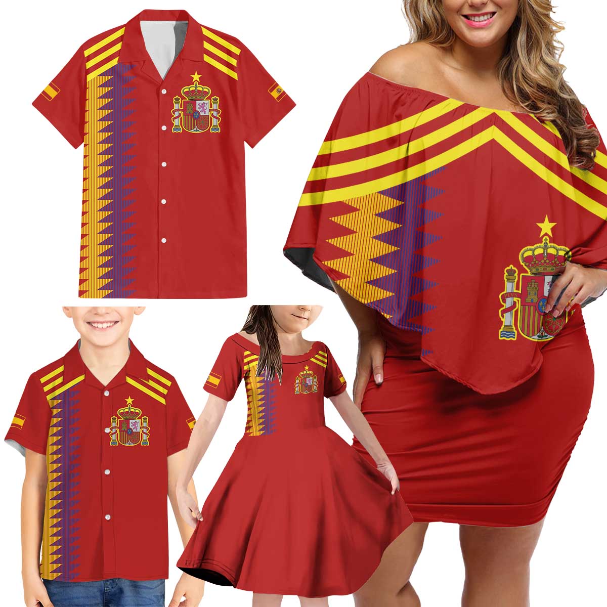 Custom Spain Football 2024 Road To The Champion Family Matching Off Shoulder Short Dress and Hawaiian Shirt Vamos a Espana - Wonder Print Shop