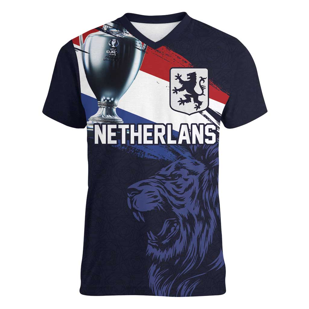 Custom Netherlands Football 2024 Road To The Champion Women V-Neck T-Shirt Oranje Holland Clockwork Orange The Flying Away Color - Wonder Print Shop