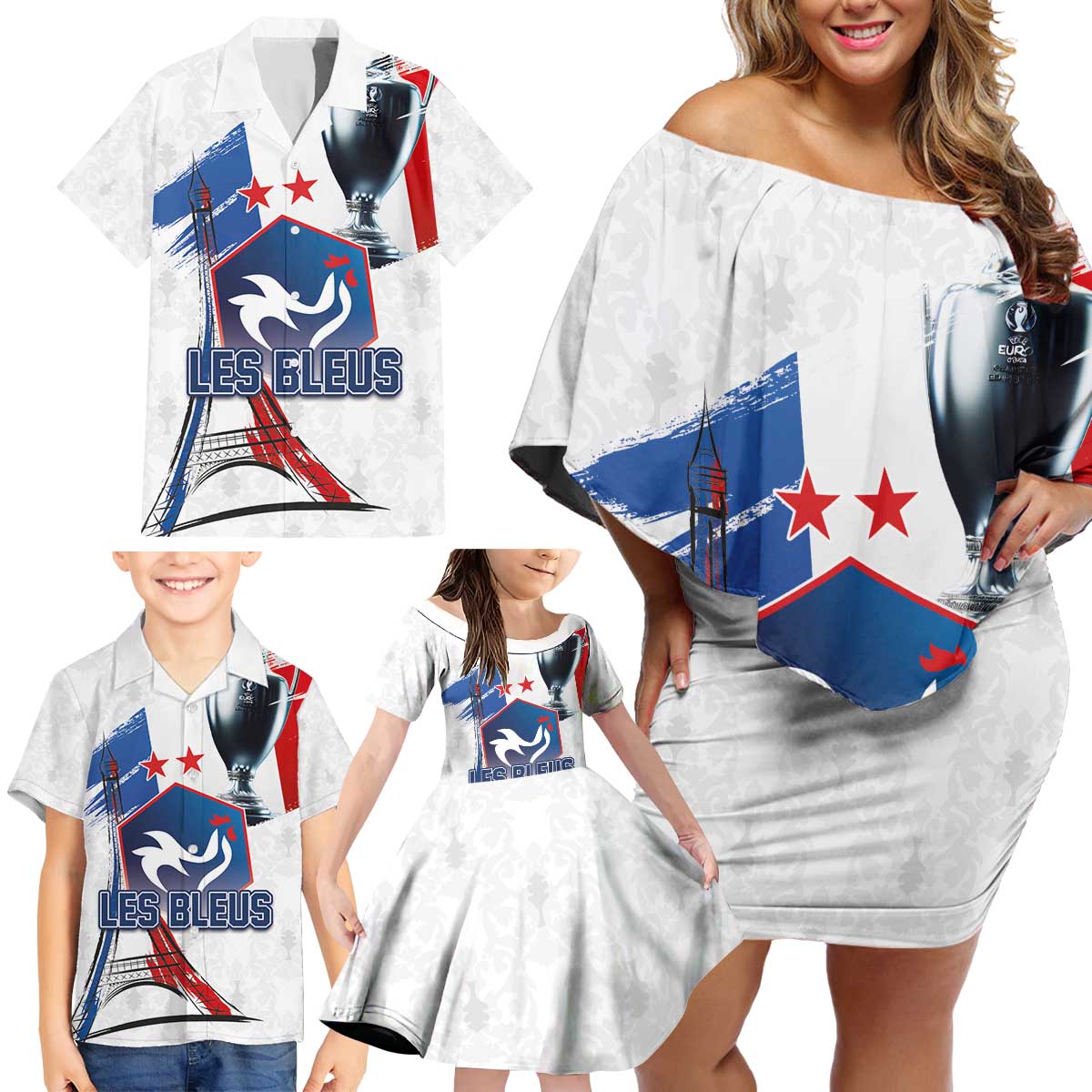 Custom Le Blues Football 2024 Road To The Champion Family Matching Off Shoulder Short Dress and Hawaiian Shirt - Wonder Print Shop