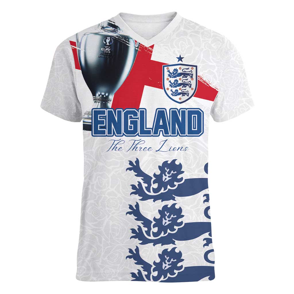 Custom England Football 2024 Road To The Champion Women V-Neck T-Shirt - Wonder Print Shop