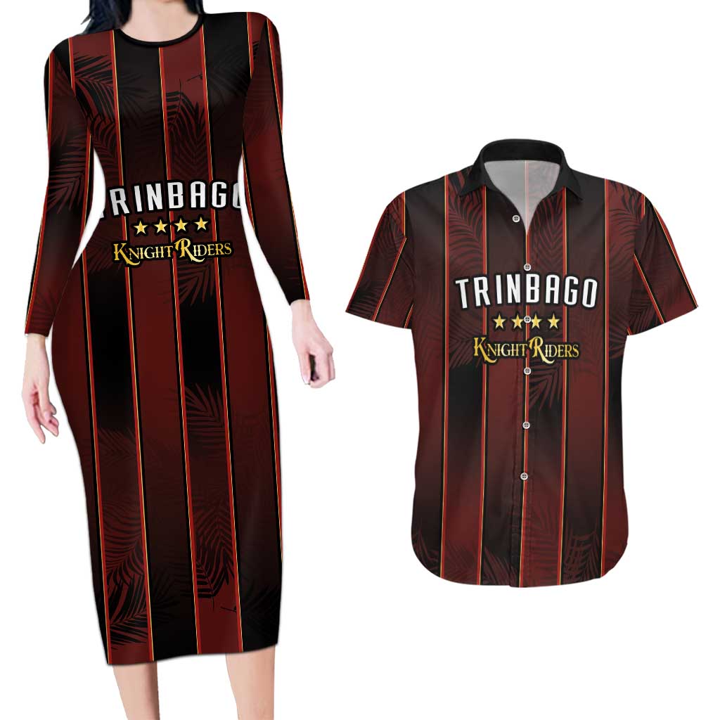 Custom Trinbago Cricket Knight Riders Couples Matching Long Sleeve Bodycon Dress and Hawaiian Shirt Palm Leaves with Vertical Stripes Sporty Style - Wonder Print Shop